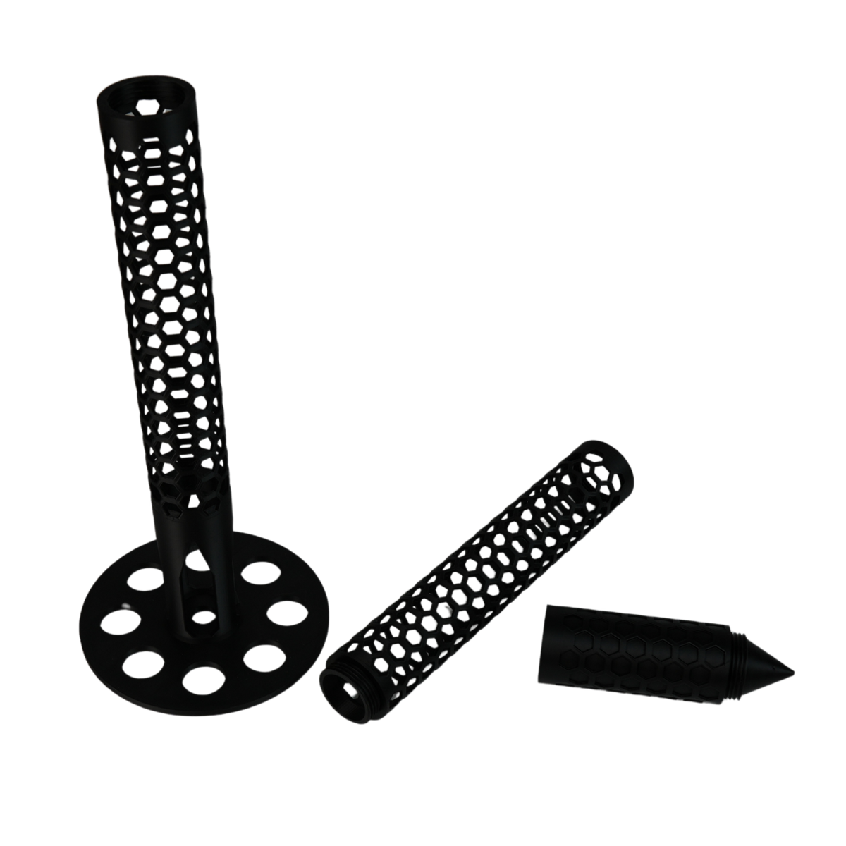 Plant Pole modular desmontado mostrando la base, el cuerpo principal y el tapón superior impresos en 3D.