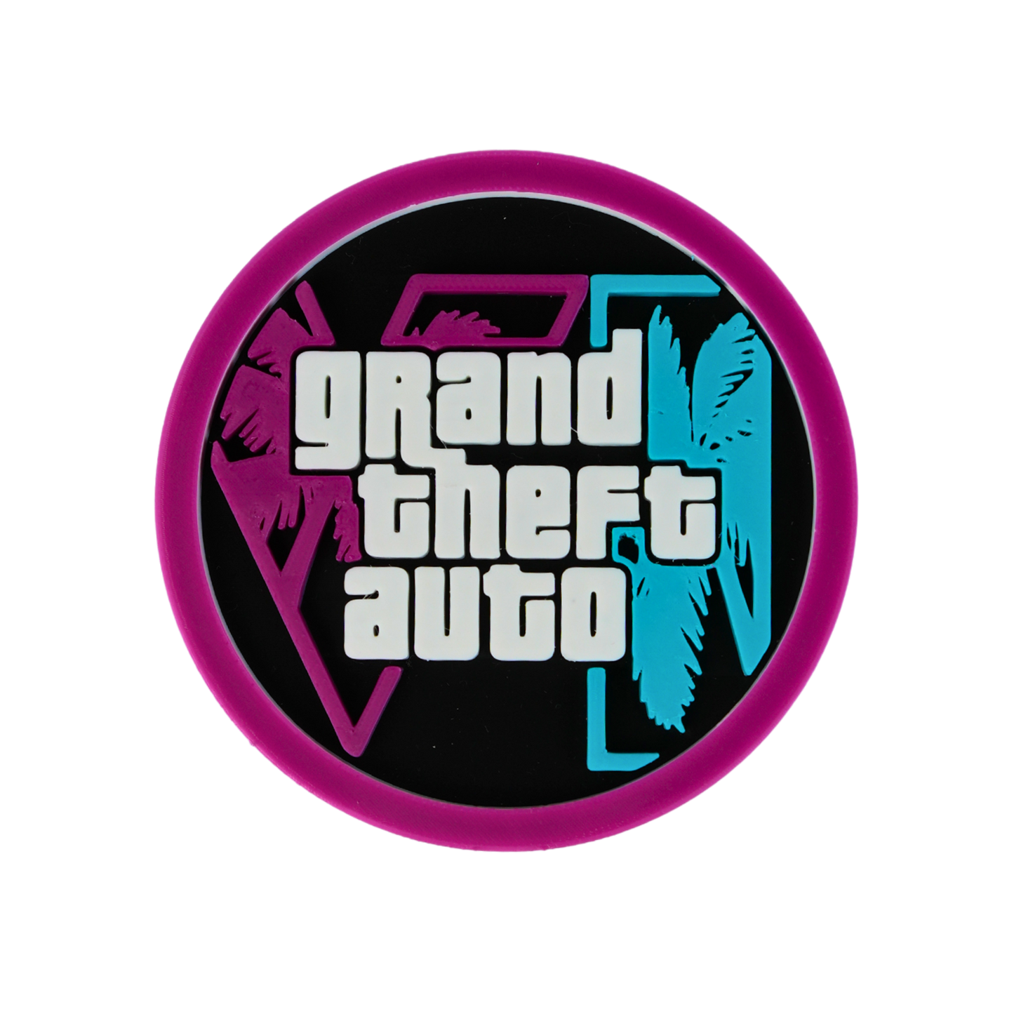 Vista frontal del posavasos impreso en 3D inspirado en GTA VI con diseño circular y acabado en relieve multicolor.