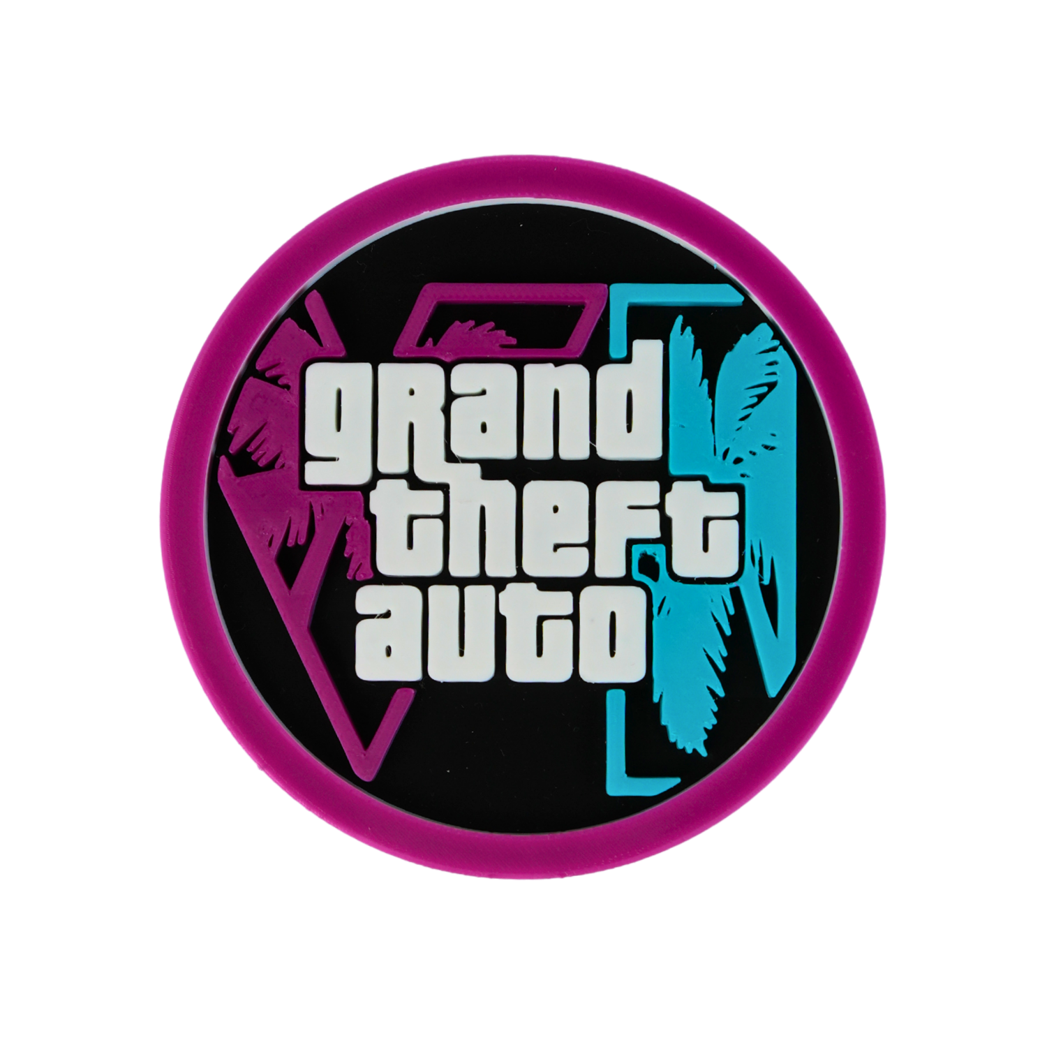 Vista frontal del posavasos impreso en 3D inspirado en GTA VI con diseño circular y acabado en relieve multicolor.