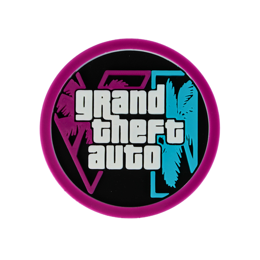Vista frontal del posavasos impreso en 3D inspirado en GTA VI con diseño circular y acabado en relieve multicolor.