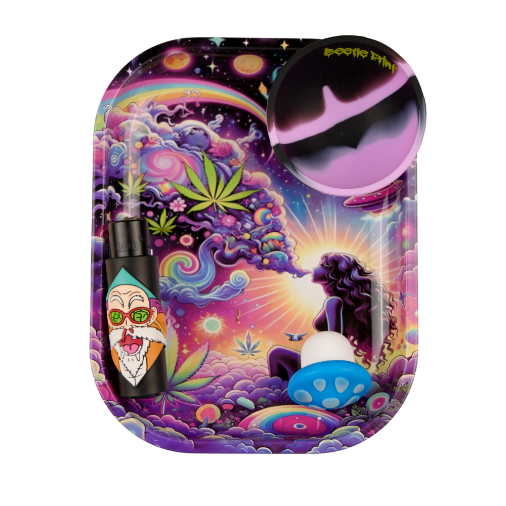 Pack Beetle Print compuesto por bandeja decorativa y funda de mechero con diseño psicodélico de colores neón, temática espacial y estética UFO.