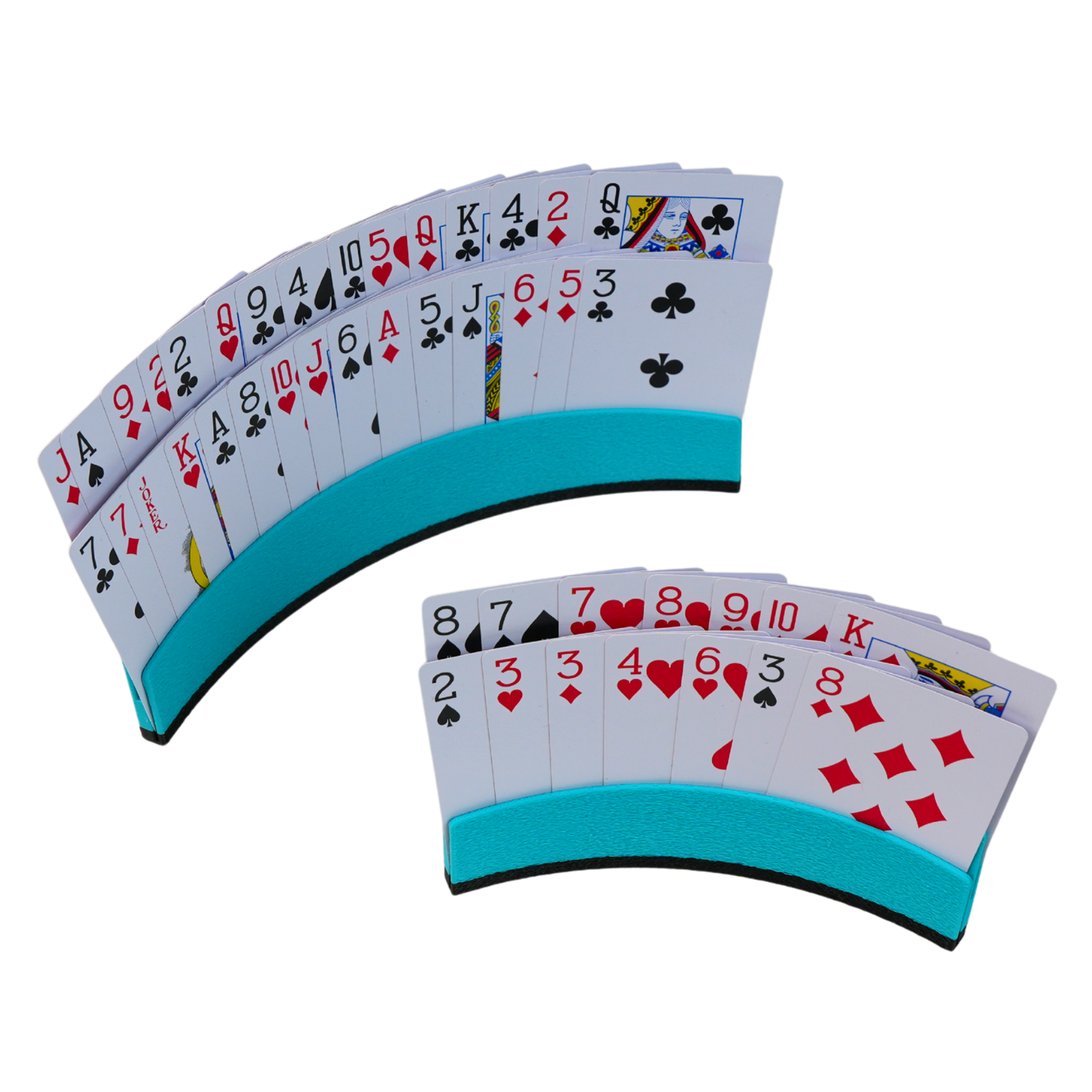 Soporte curvo para cartas impreso en 3D color azul con cartas.