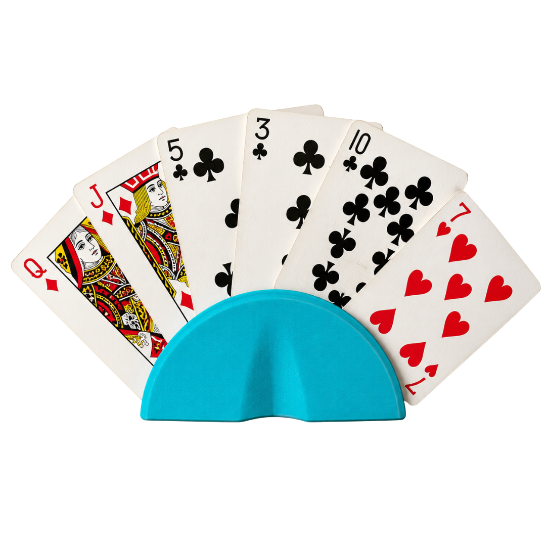 Soporte de cartas semicircular Beetle Print azul con cartas insertadas, mostrado en perspectiva sobre fondo blanco
