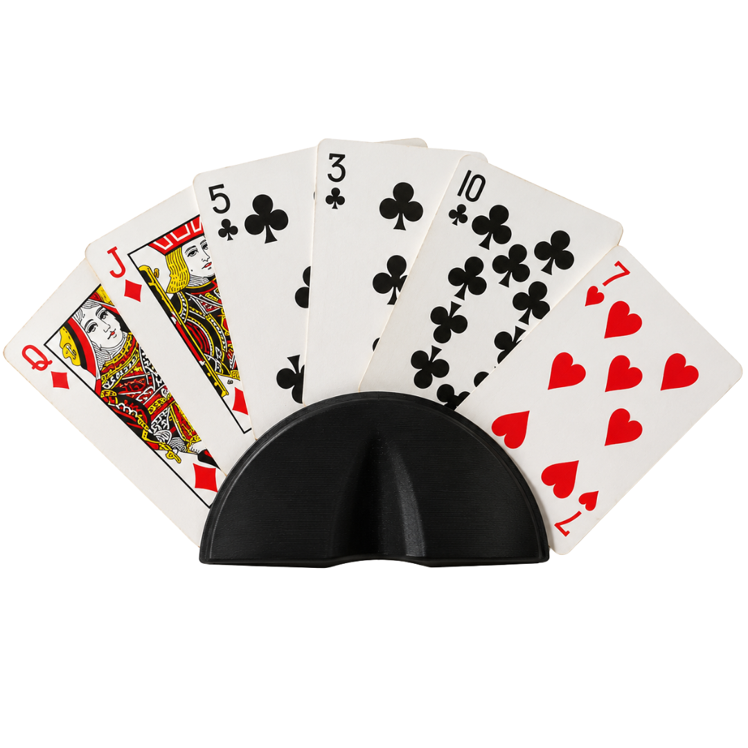 Soporte de cartas semicircular Beetle Print negro con varias cartas colocadas en abanico, vista principal para juegos de mesa