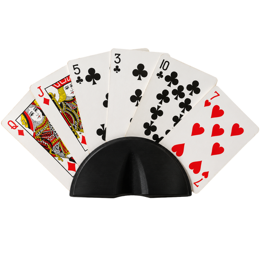 Soporte de cartas semicircular Beetle Print negro con varias cartas colocadas en abanico, vista principal para juegos de mesa
