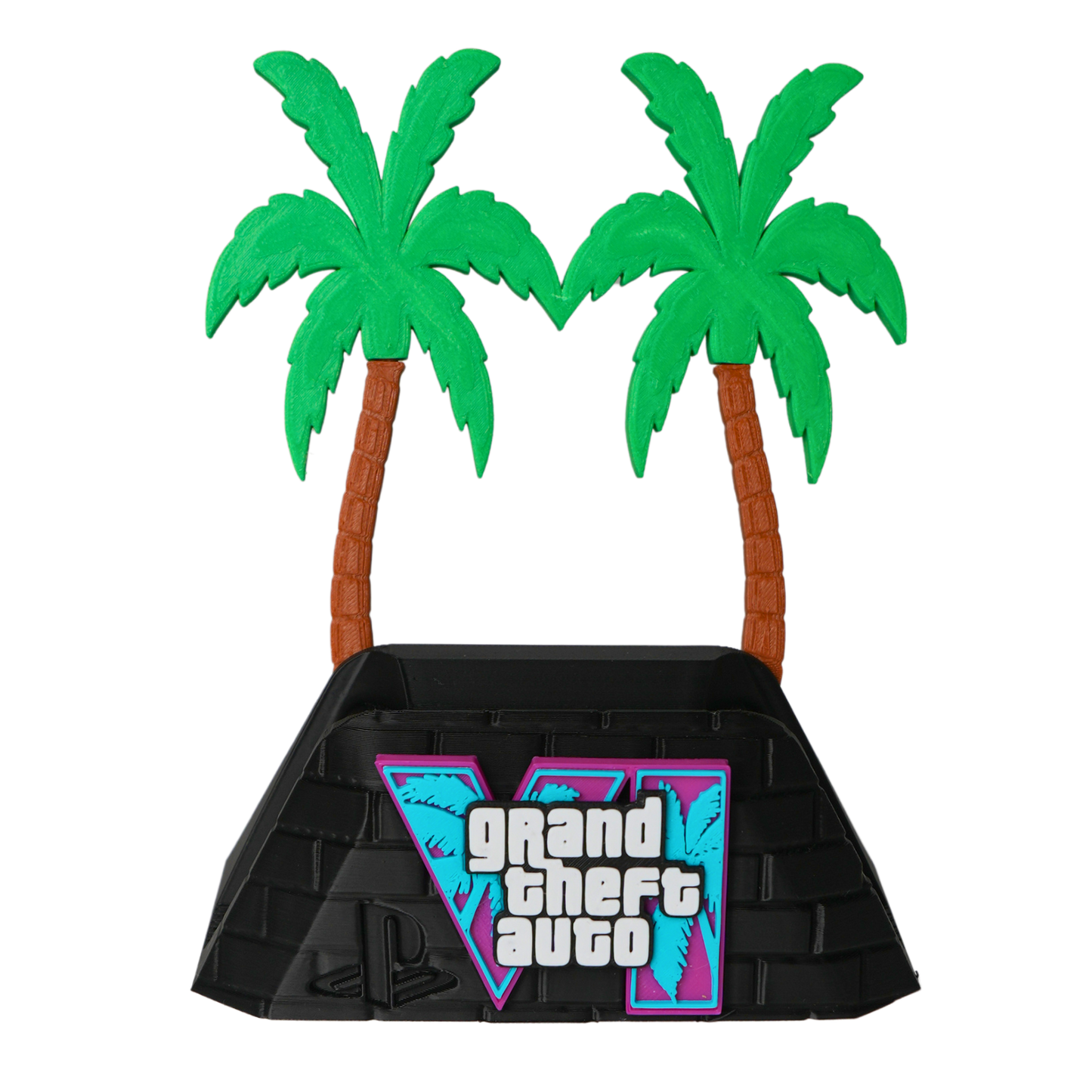 Soporte para mando gaming impreso en 3D inspirado en GTA VI versión mejorada con dos palmeras decorativas.