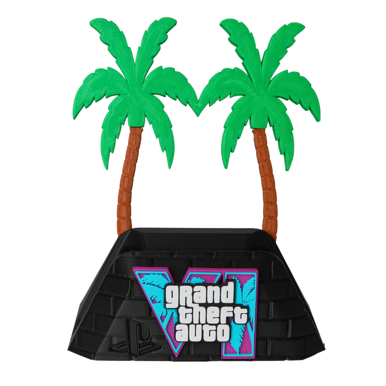 Soporte para mando gaming impreso en 3D inspirado en GTA VI versión mejorada con dos palmeras decorativas.