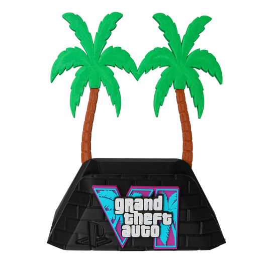 Soporte para mando gaming impreso en 3D inspirado en GTA VI versión mejorada con dos palmeras decorativas.