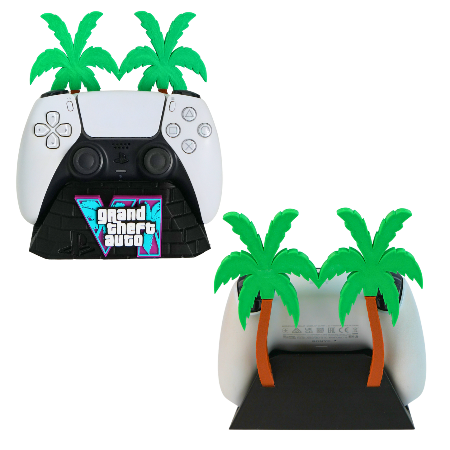 Vista frontal y trasera del soporte para mando gaming GTA VI versión mejorada impreso en 3D con base decorativa y palmeras. Mando no incluido.