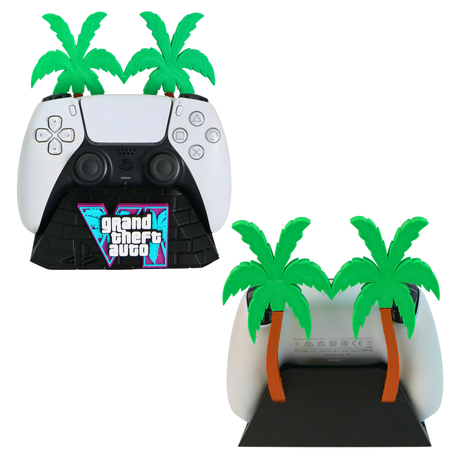 Vista frontal y trasera del soporte para mando gaming GTA VI versión mejorada impreso en 3D con base decorativa y palmeras. Mando no incluido.