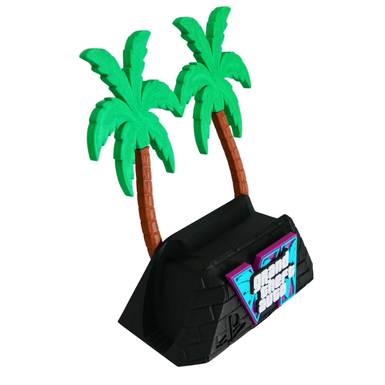 Soporte para mando gaming GTA VI versión mejorada mostrando el mando colocado y la parte trasera del soporte. 