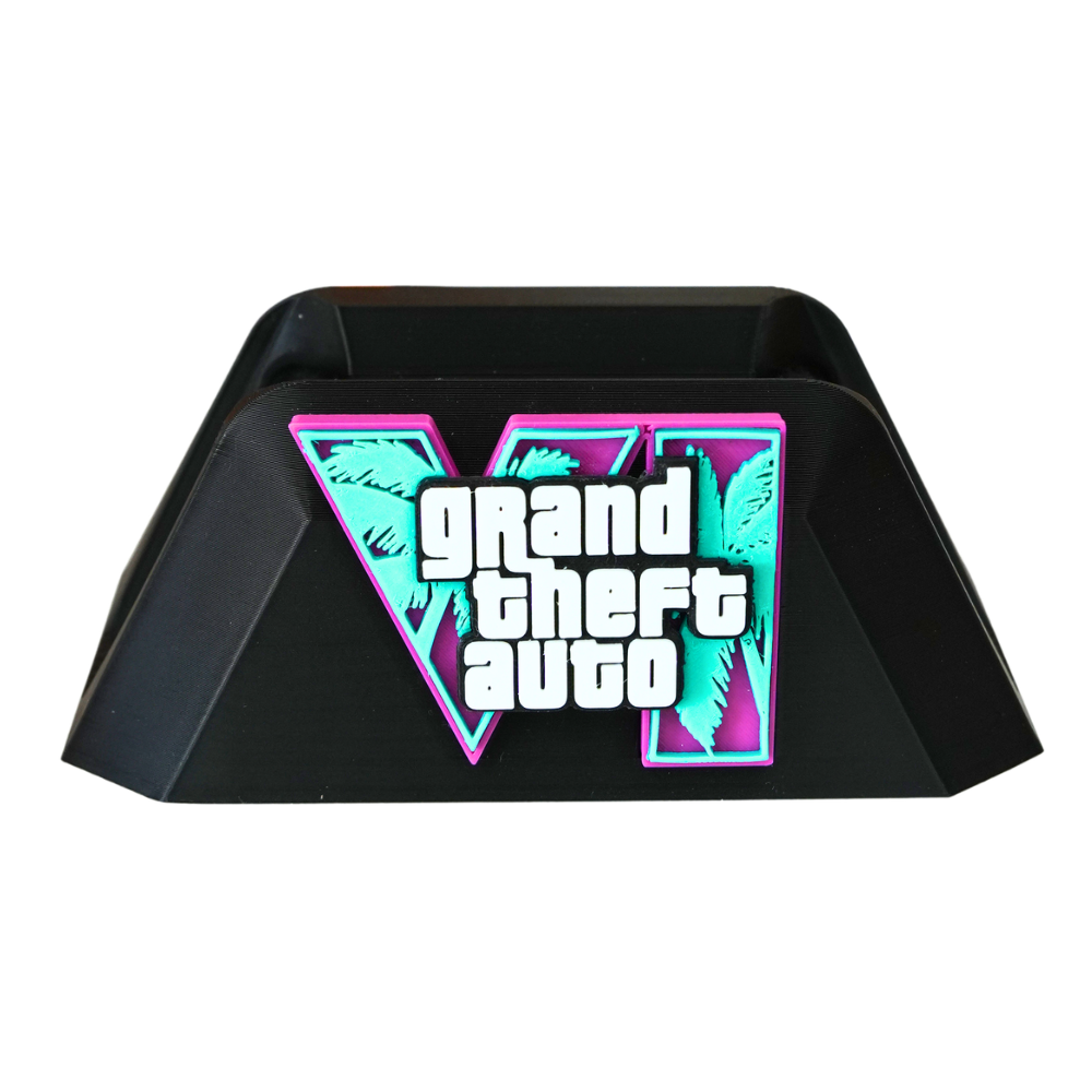 Vista frontal del soporte universal para mando gaming impreso en 3D inspirado en Vice City.