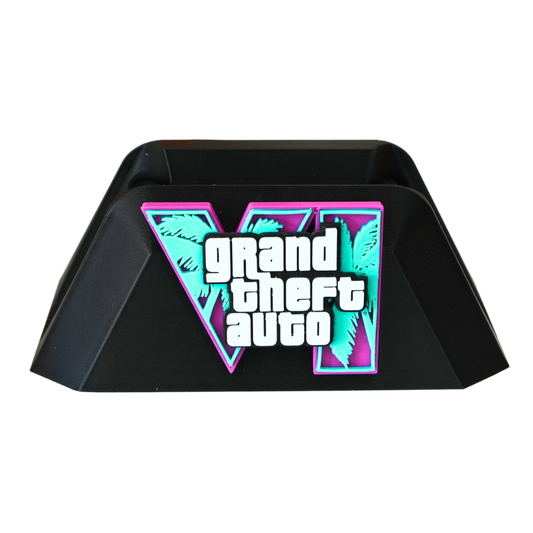 Vista frontal del soporte universal para mando gaming impreso en 3D inspirado en Vice City.
