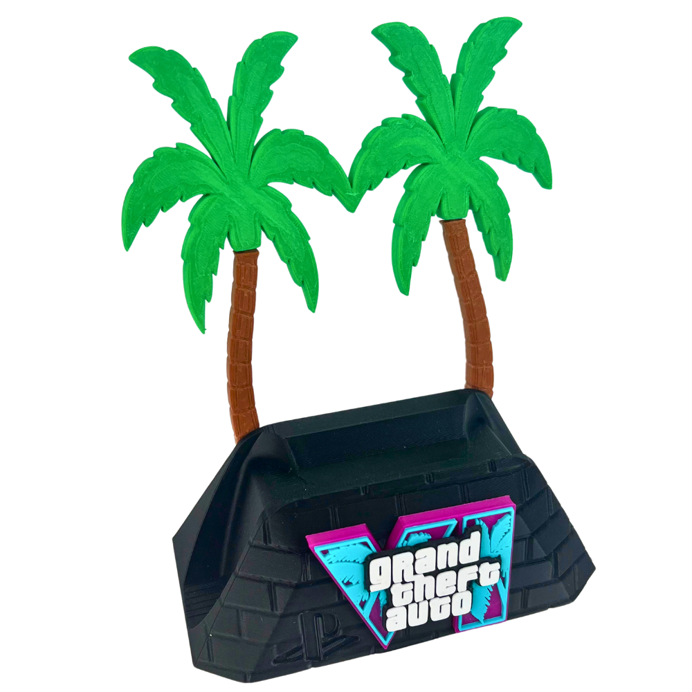 Soporte para mando Beetle Print Vice City fabricado en 3D con base negra, palmeras verdes y diseño urbano