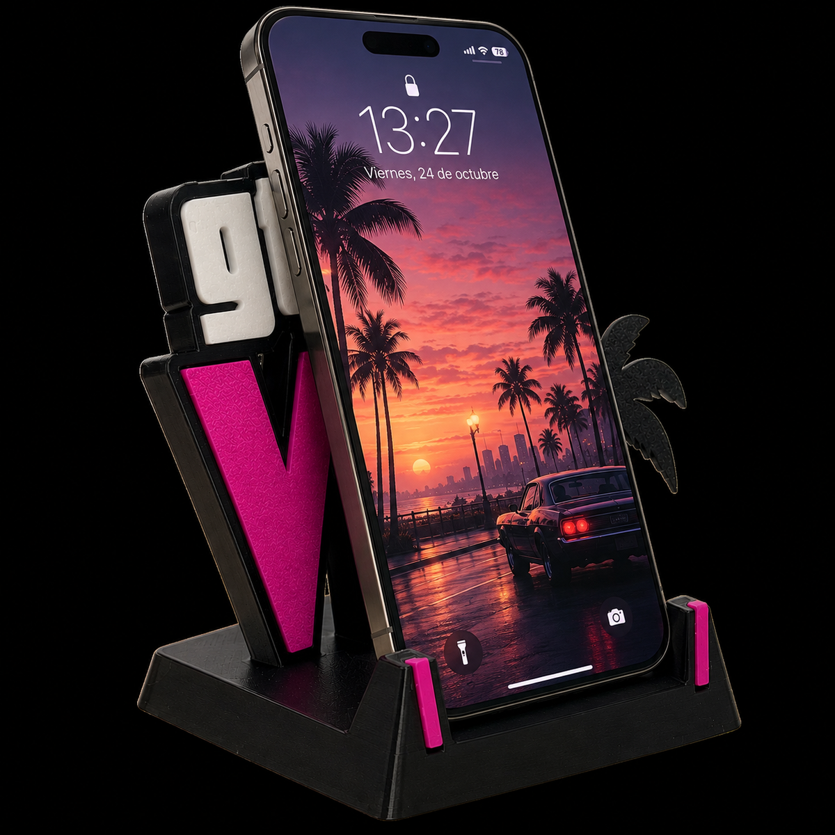 Soporte para móvil Beetle Print con diseño tropical usado con un smartphone en posición vertical sobre una superficie