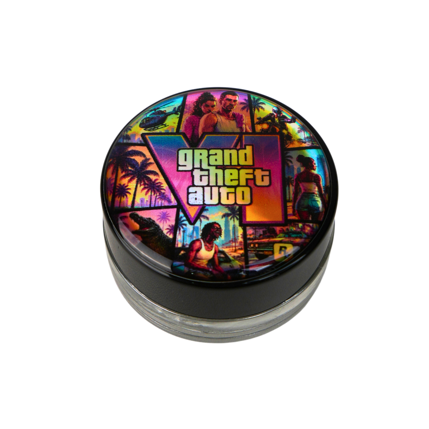Tapa holográfica para tarro de vidrio Beetle Print con diseño inspirado en GTA VI.