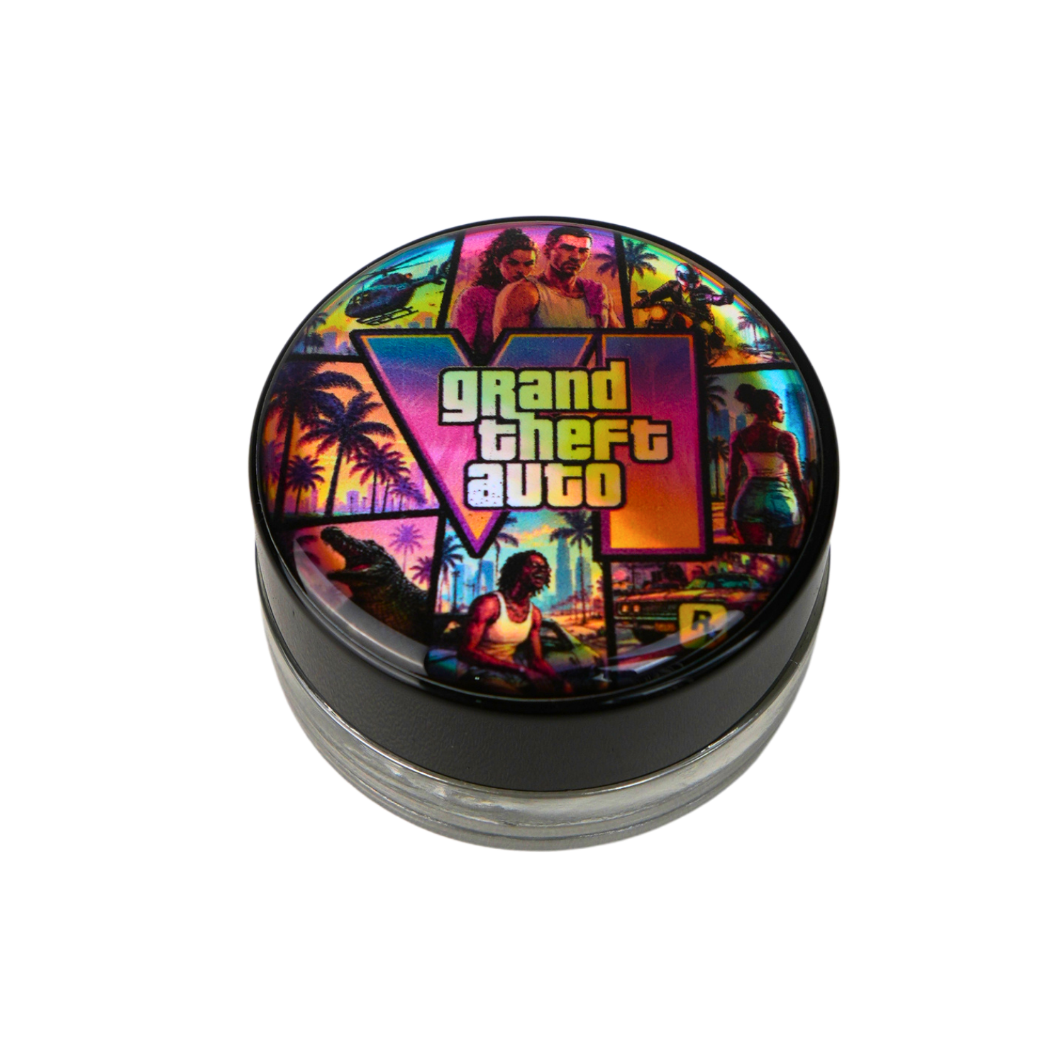 Tapa holográfica para tarro de vidrio Beetle Print con diseño inspirado en GTA VI.