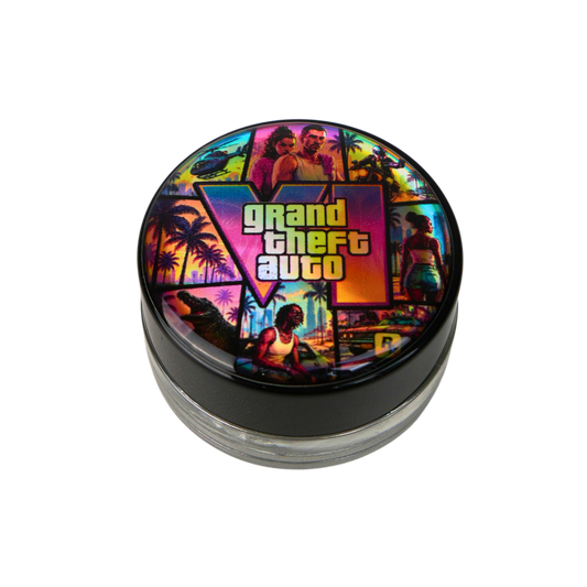Tapa holográfica para tarro de vidrio Beetle Print con diseño inspirado en GTA VI.