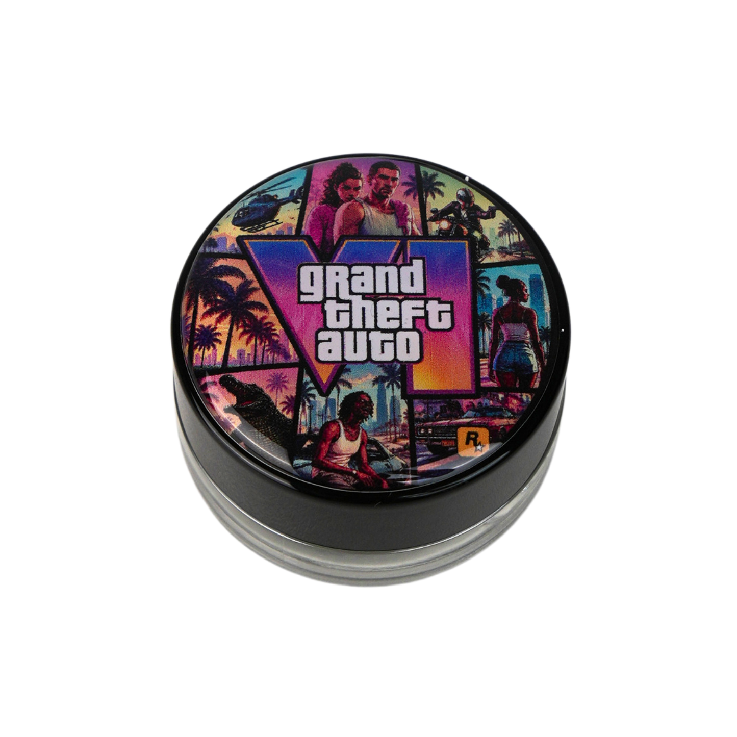 Tapa para tarro de vidrio Beetle Print con diseño inspirado en GTA VI y acabado brillante.