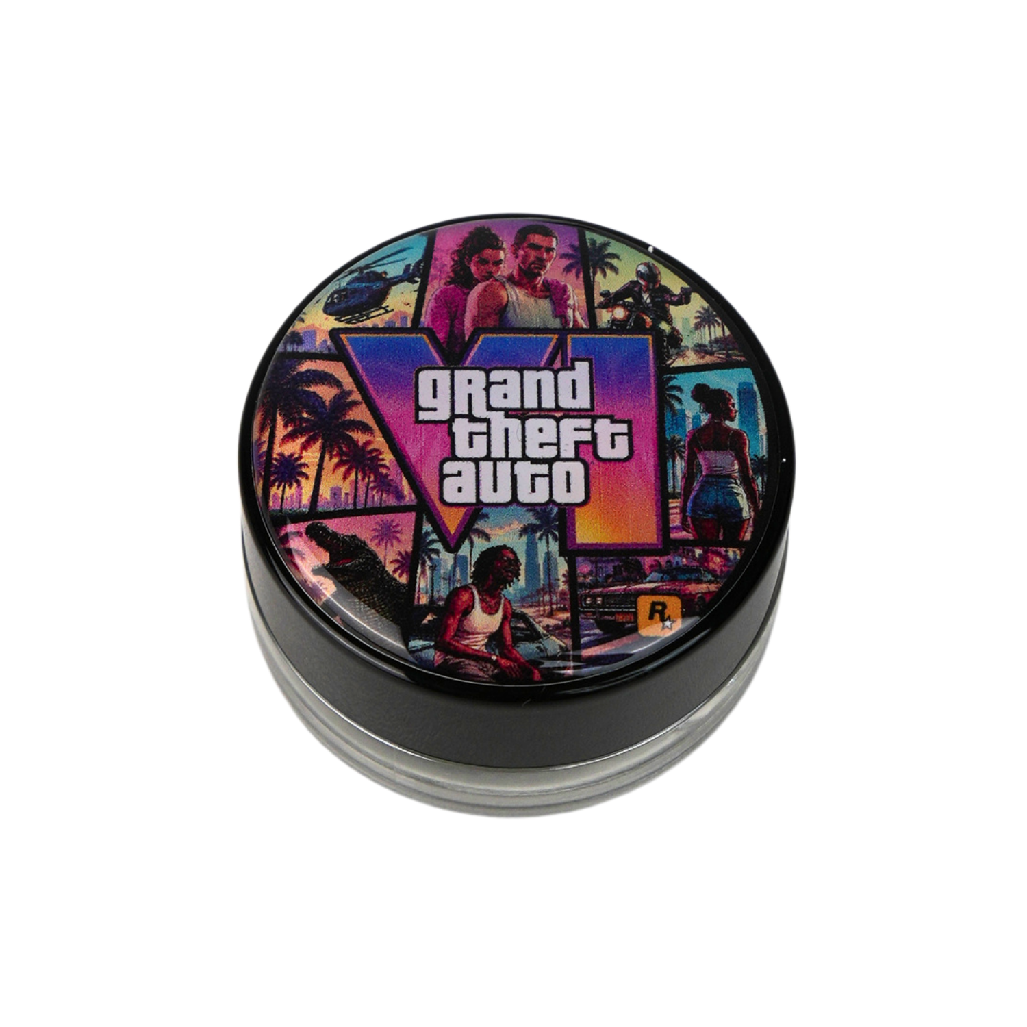 Tapa para tarro de vidrio Beetle Print con diseño inspirado en GTA VI y acabado brillante.