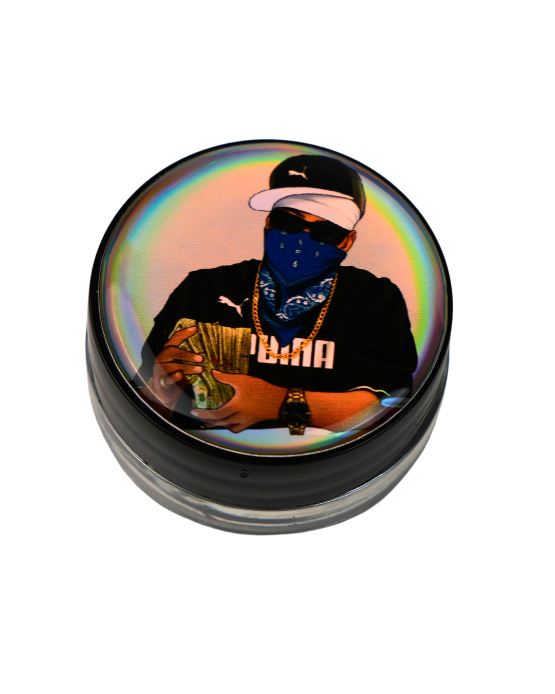 Tarro holográfico Beetle Print con ilustración de personaje con bandana azul y fajos de dinero.