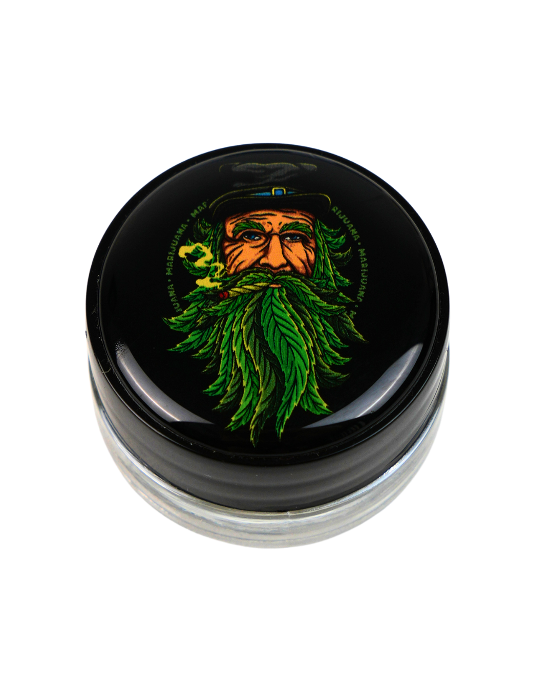 Tarro Beetle Print con ilustración de hombre con barba formada por hojas de cannabis.