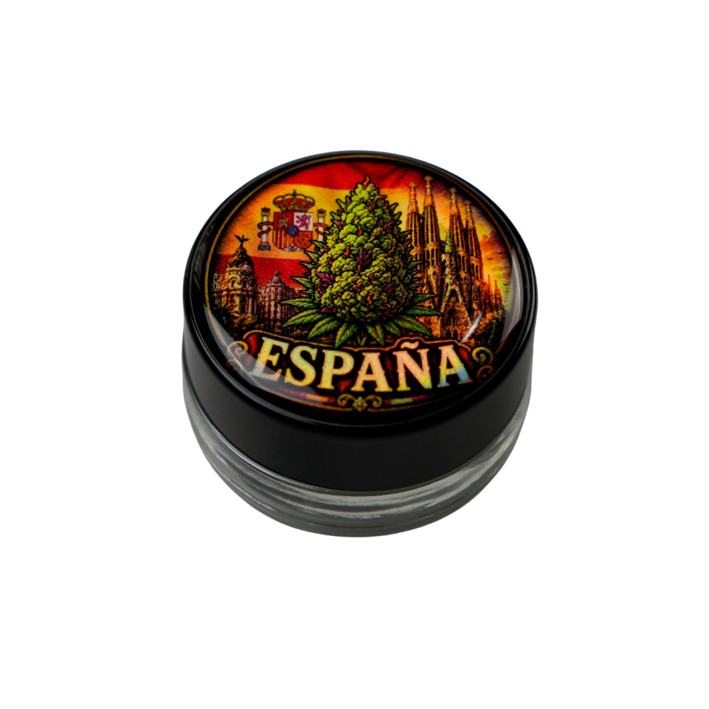 Detalle de tapa personalizada full color del tarro transparente España 5ml