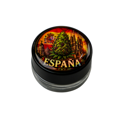 Detalle de tapa personalizada full color del tarro transparente España 5ml