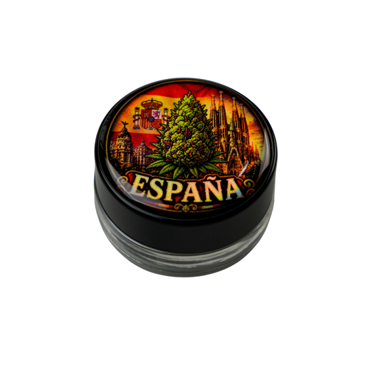 Detalle de tapa personalizada full color del tarro transparente España 5ml