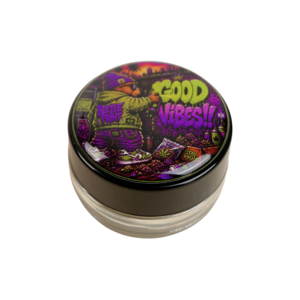 Tarro grinder Good Vibes Beetle Print con bote de cristal transparente y resina holográfica brillante frontal