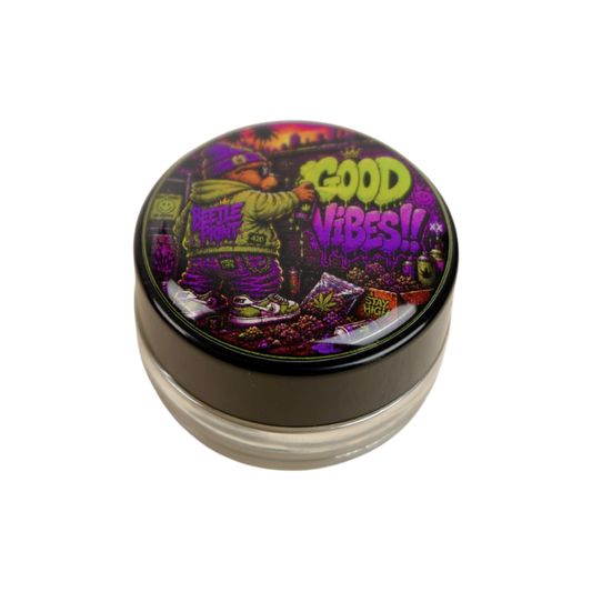 Tarro grinder Good Vibes Beetle Print con bote de cristal transparente y resina holográfica brillante frontal