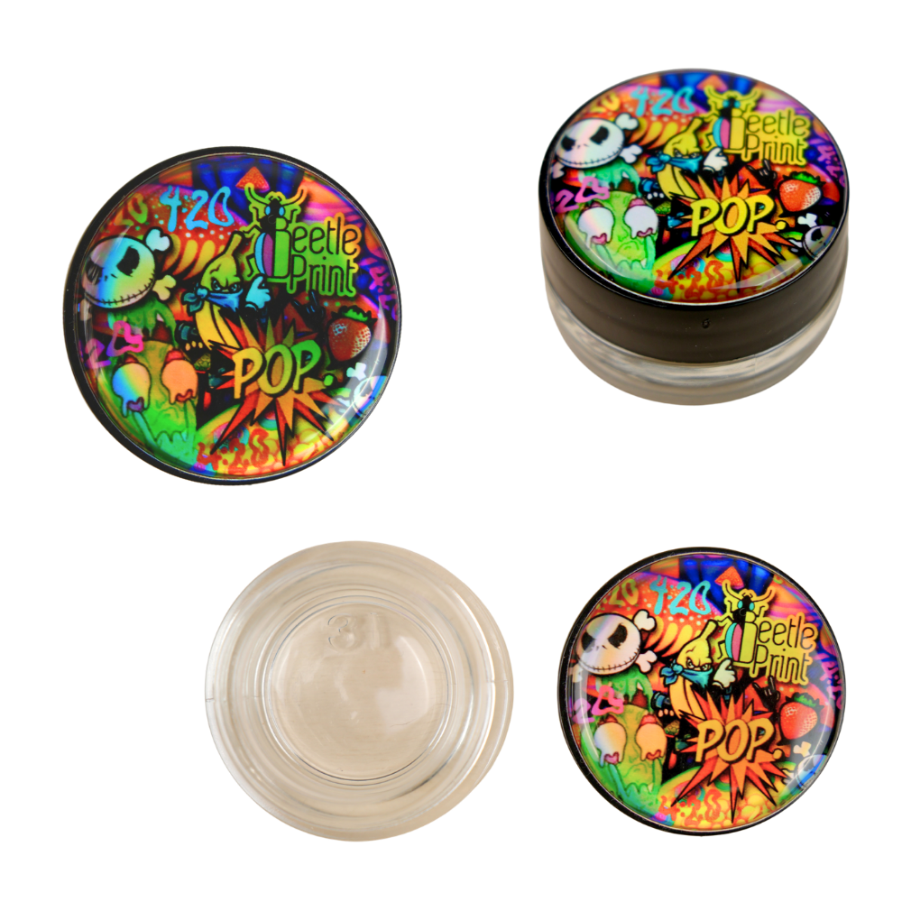 Tarro hermético Beetle Print con tapa holográfica POP y diseño cartoon psicodélico multicolor.