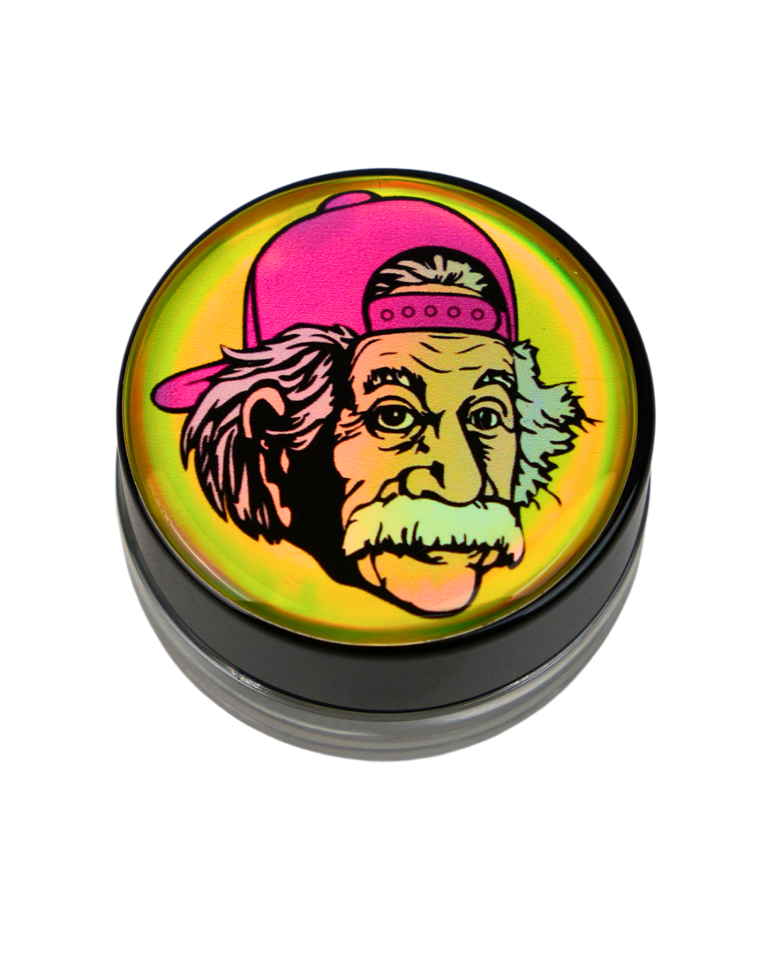 Tarro holográfico Beetle Print con diseño de Albert Einstein con gorra rosa.