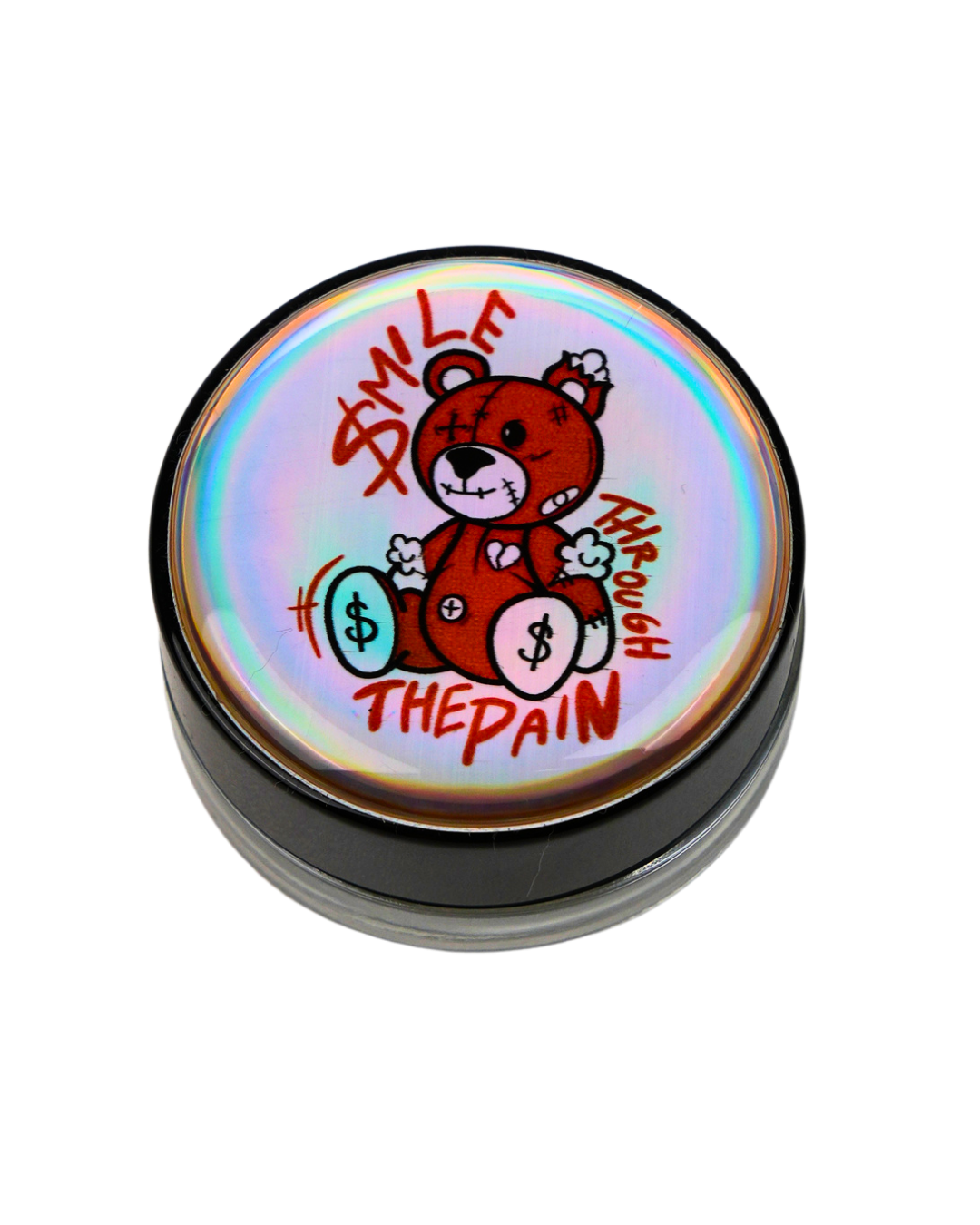 Tarro holográfico Beetle Print con diseño de oso "Smile Through The Pain".