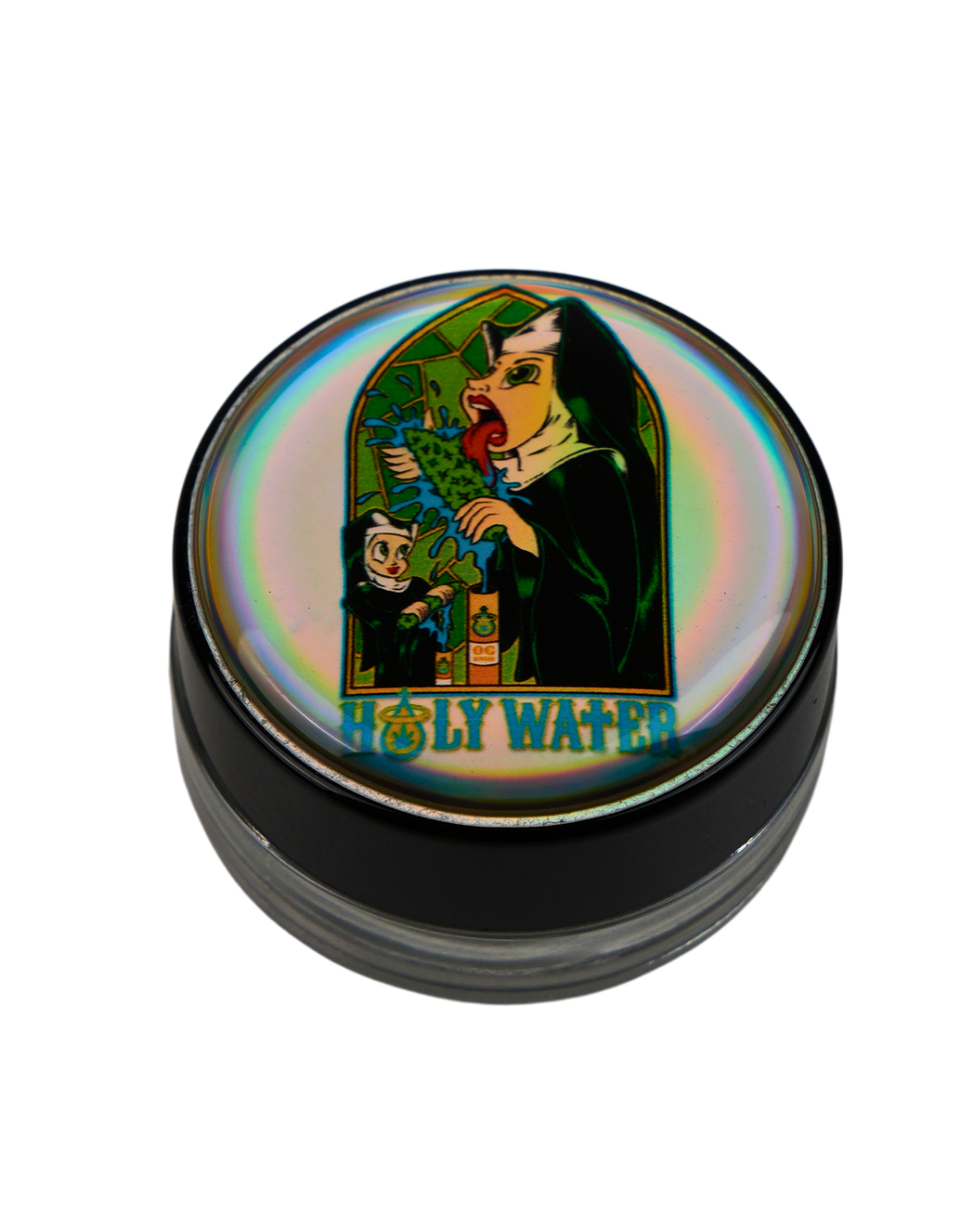 Tarro Beetle Print con diseño holográfico Holy Water de estilo artístico.
