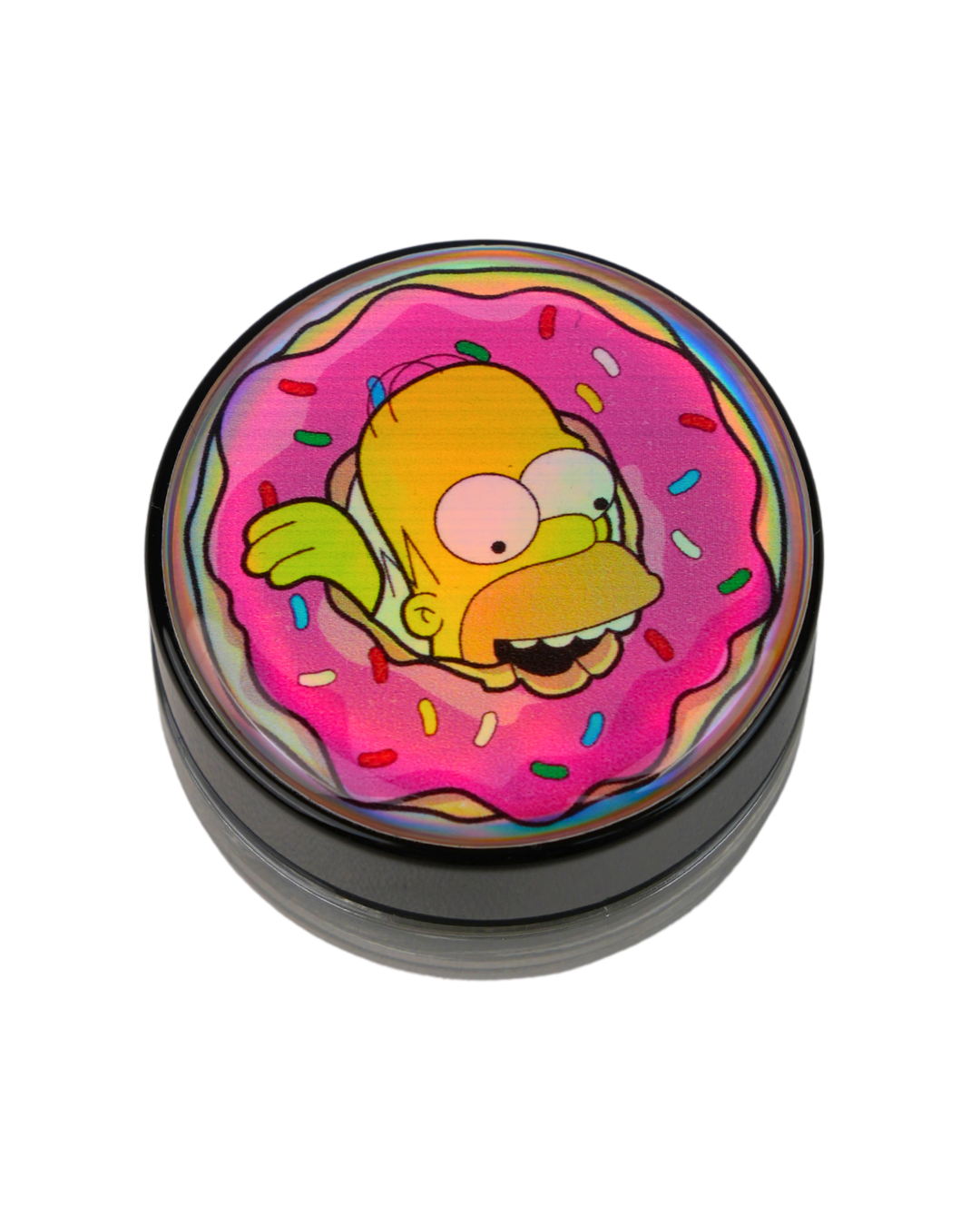 Tarro holográfico Beetle Print con ilustración de Homer Simpson dentro de un donut rosa.