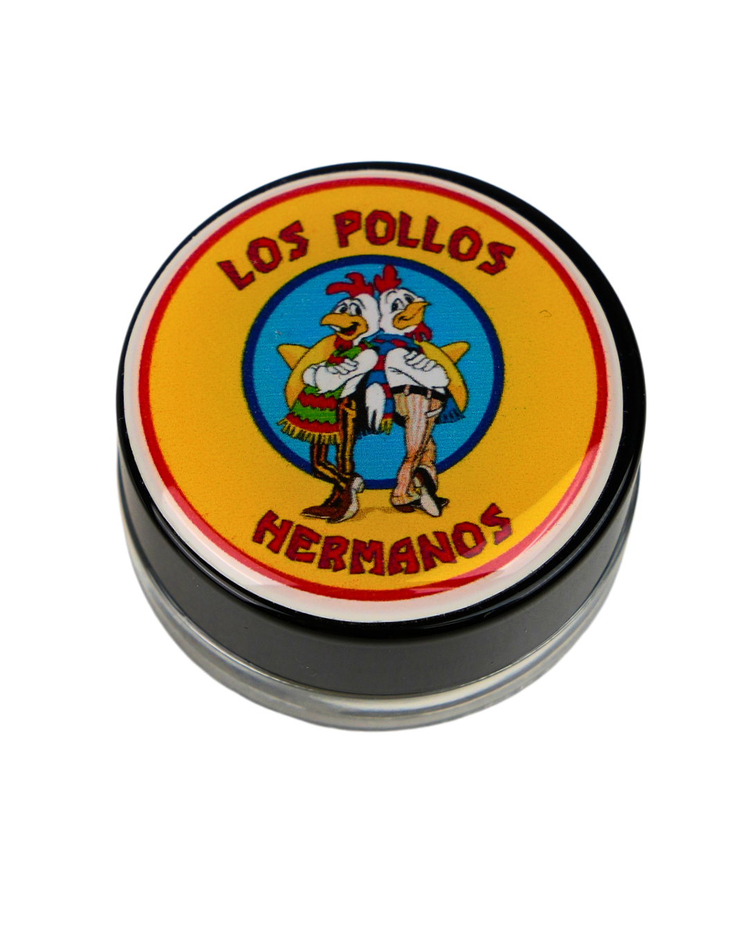 Tarro Beetle Print con diseño inspirado en Los Pollos Hermanos sobre fondo amarillo.