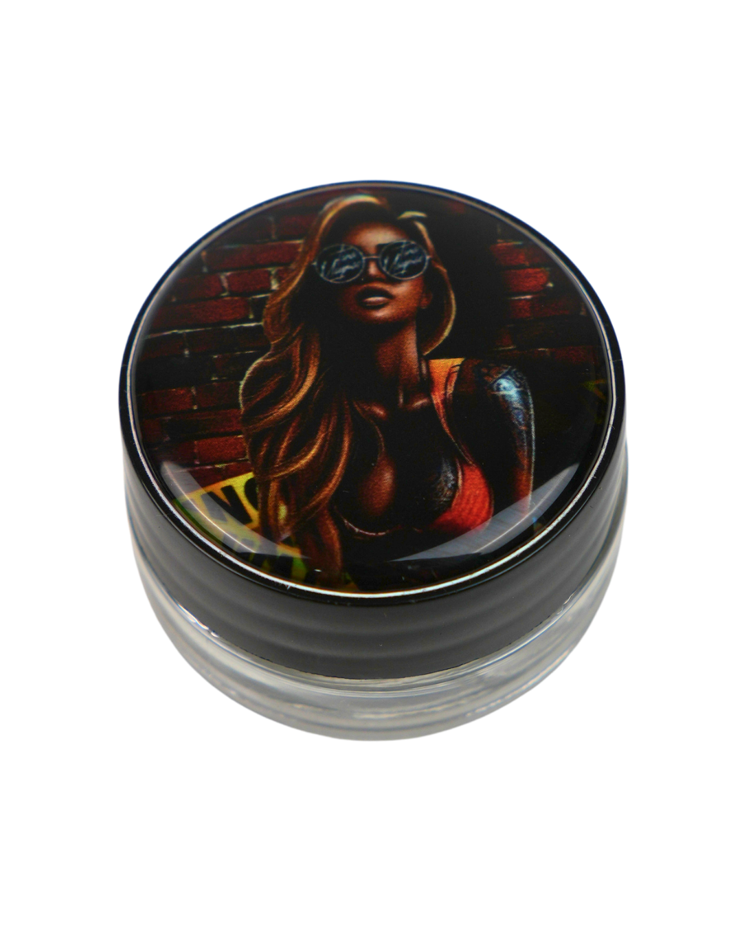 Tarro Beetle Print con ilustración de mujer con gafas de estilo urbano.