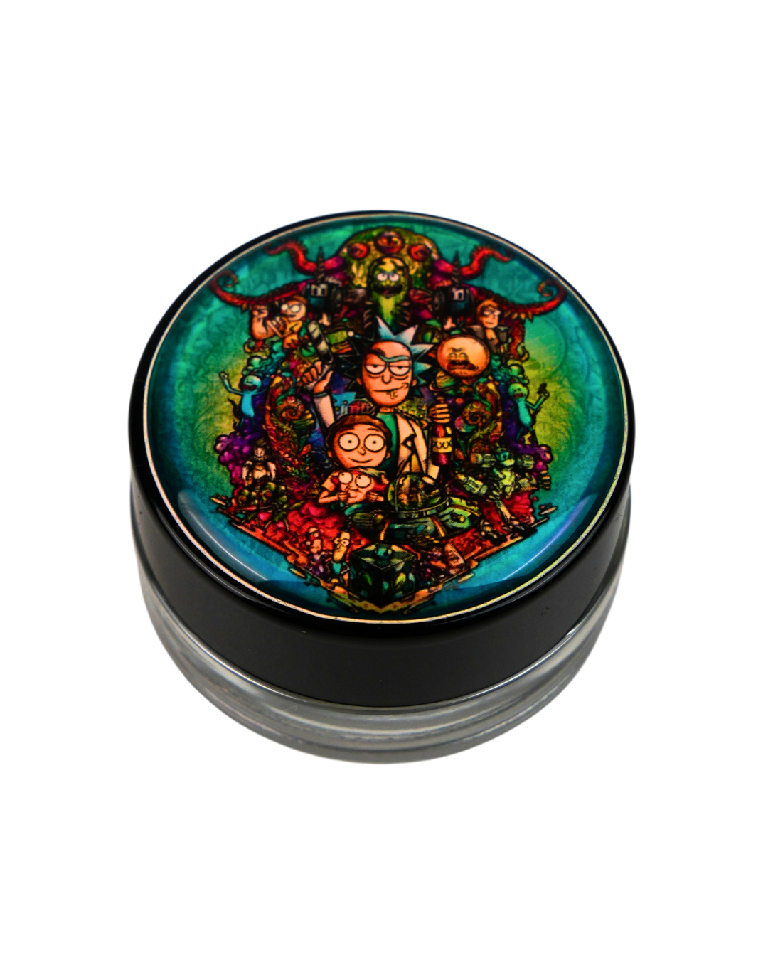 Tarro Beetle Print con collage de personajes de Rick and Morty a todo color.