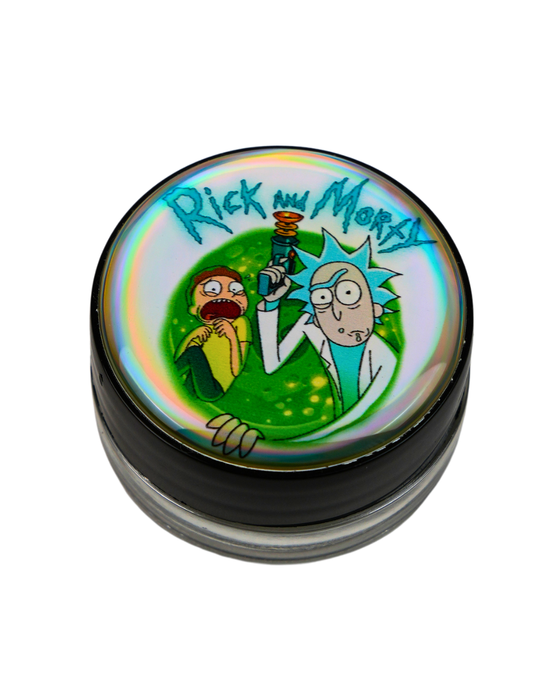 morty-logo
Tarro Beetle Print con diseño holográfico de Rick and Morty y portal verde.