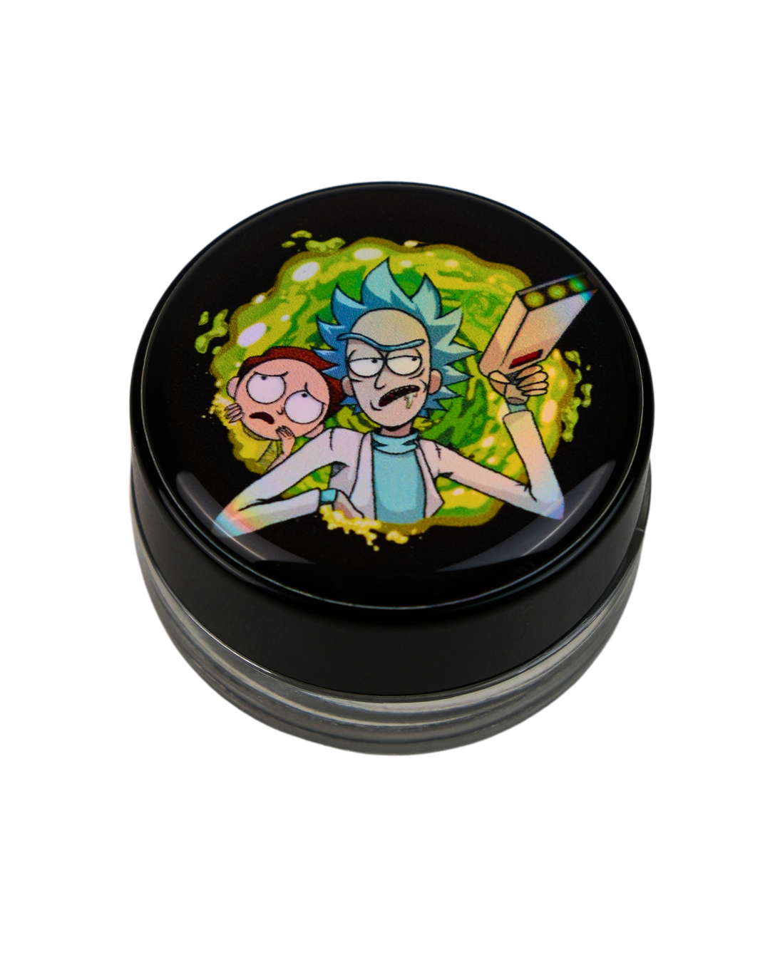 Tarro Beetle Print con diseño holográfico de Rick and Morty frente a un portal verde.