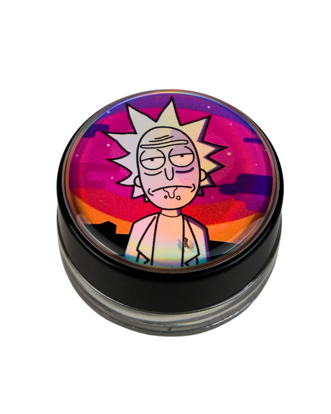 Tarro Beetle Print con ilustración de Rick Sanchez sobre un fondo de atardecer.