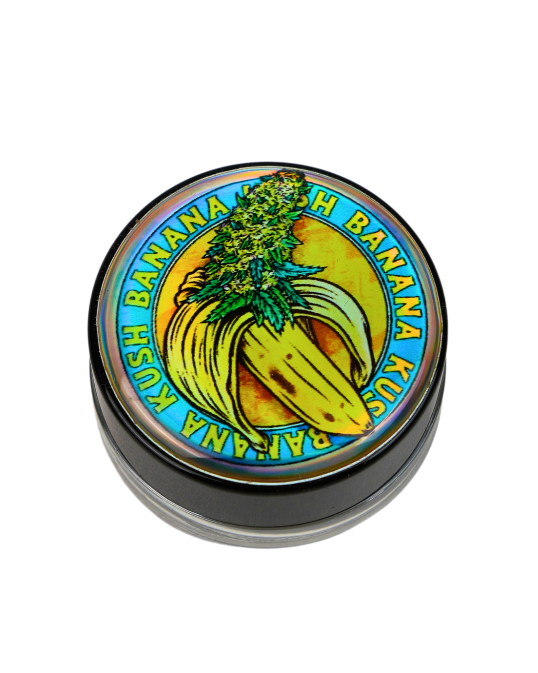 Tarro de silicona Beetle Print con diseño Banana Kush y plátano con cogollo de cannabis.