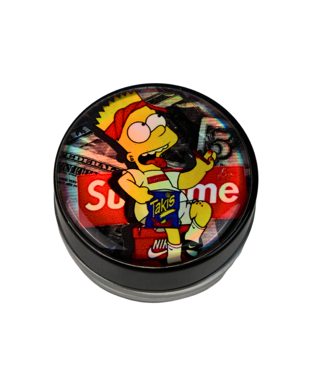 Tarro de silicona Beetle Print con diseño de Bart Simpson sobre fondo estilo Supreme.