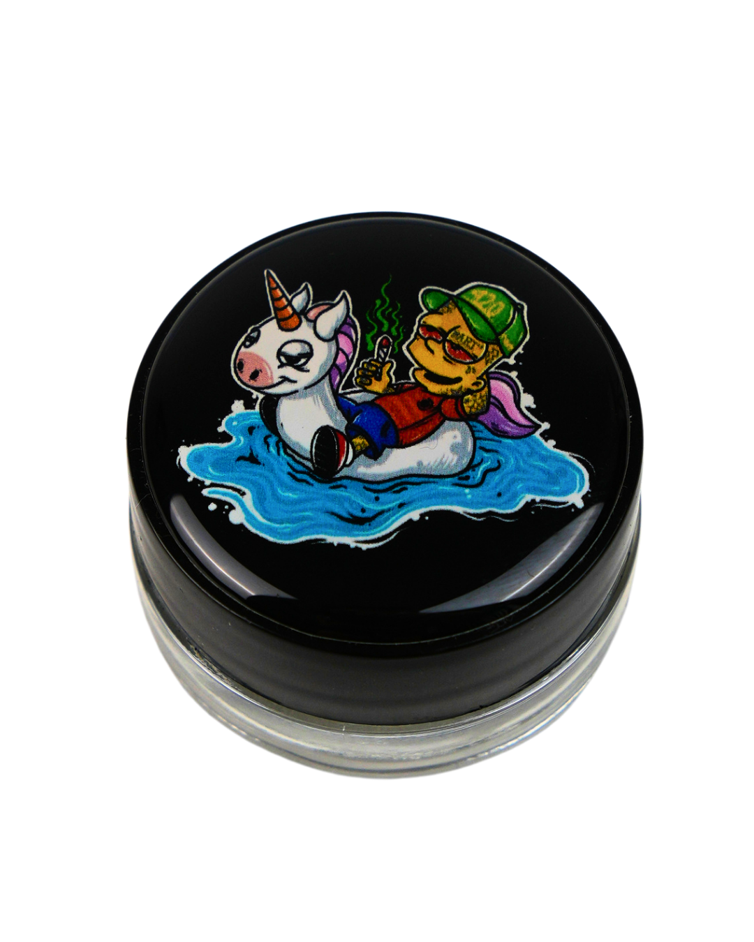 Tarro de silicona Beetle Print con Bart Simpson sobre un unicornio hinchable