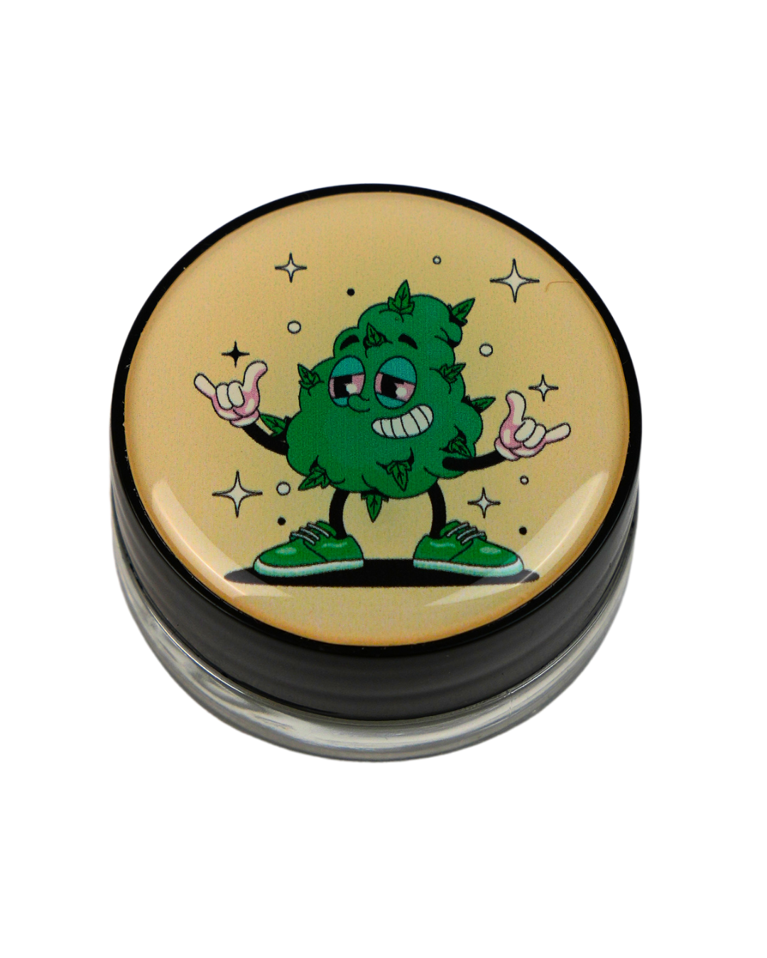 Tarro de silicona Beetle Print con personaje bola de cannabis sonriente.