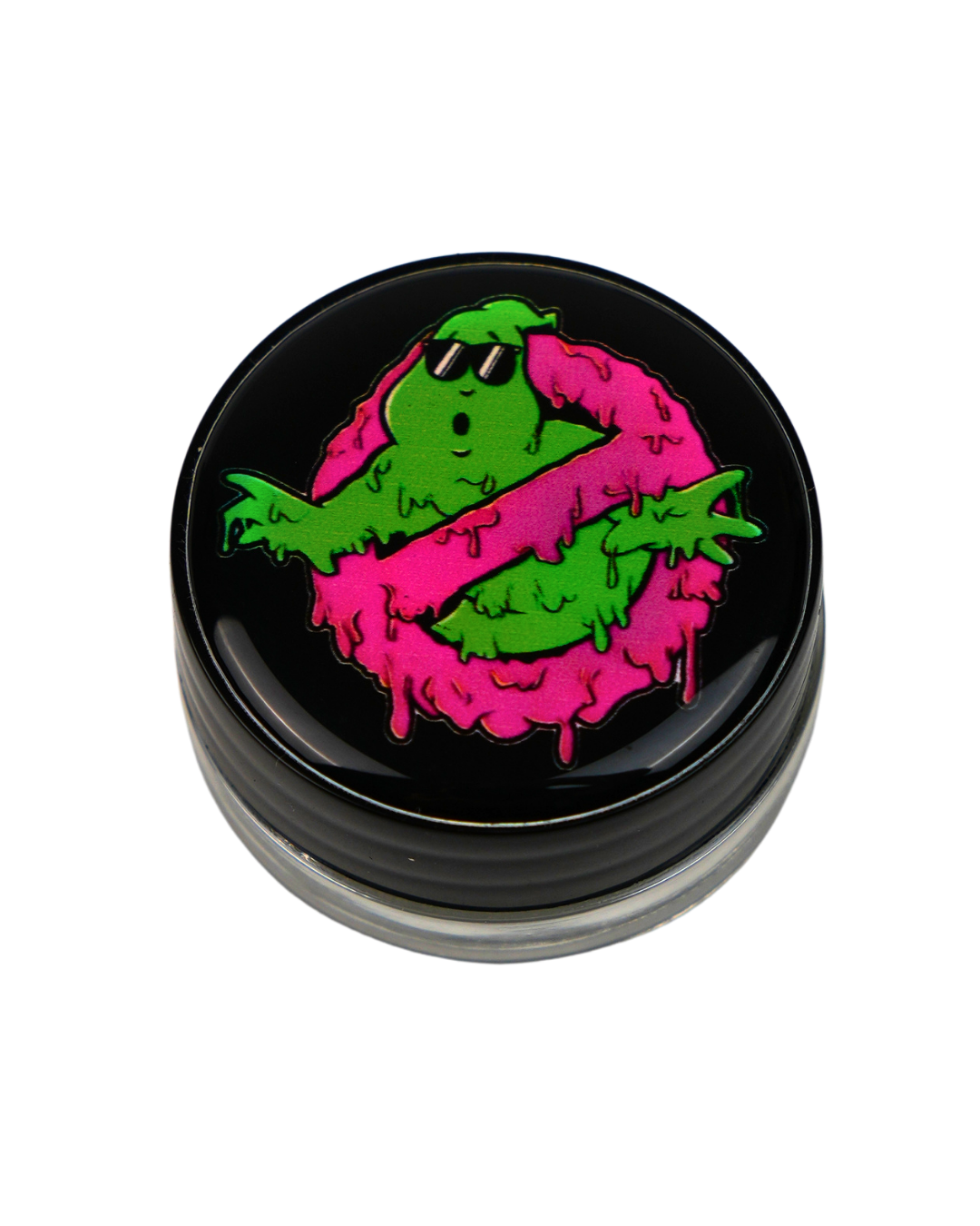 Tarro de silicona Beetle Print con ilustración de fantasma verde y rosa estilo slime sobre fondo negro.