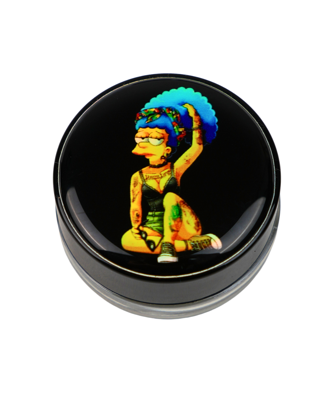 Tarro de silicona Beetle Print con diseño de Marge Simpson tatuada sobre fondo negro.