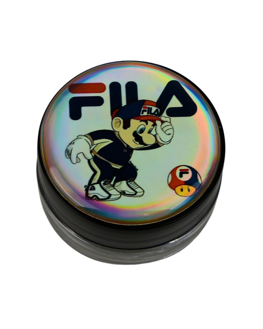 Tarro de silicona holográfico Beetle Print con personaje estilo Mario y diseño inspirado en FILA.
