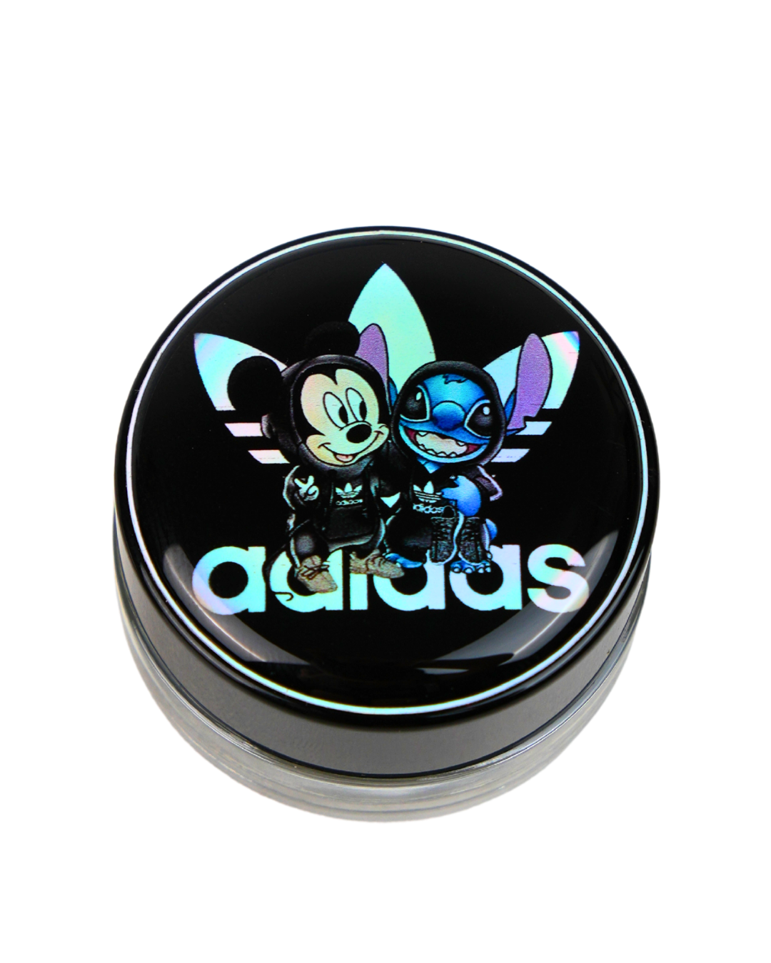 Tarro de silicona holográfico Beetle Print con diseño de personajes estilo Mickey y Stitch con sudaderas negras.